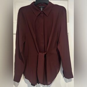 INC Mixed media, tie front, burgundy, button front blouse Size XL